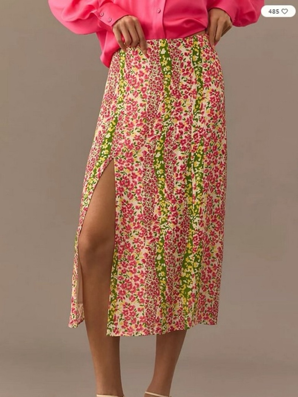 Maeve by Anthropologie Floral Midi Skirt Pink & Green Print Side Slit Size 8P